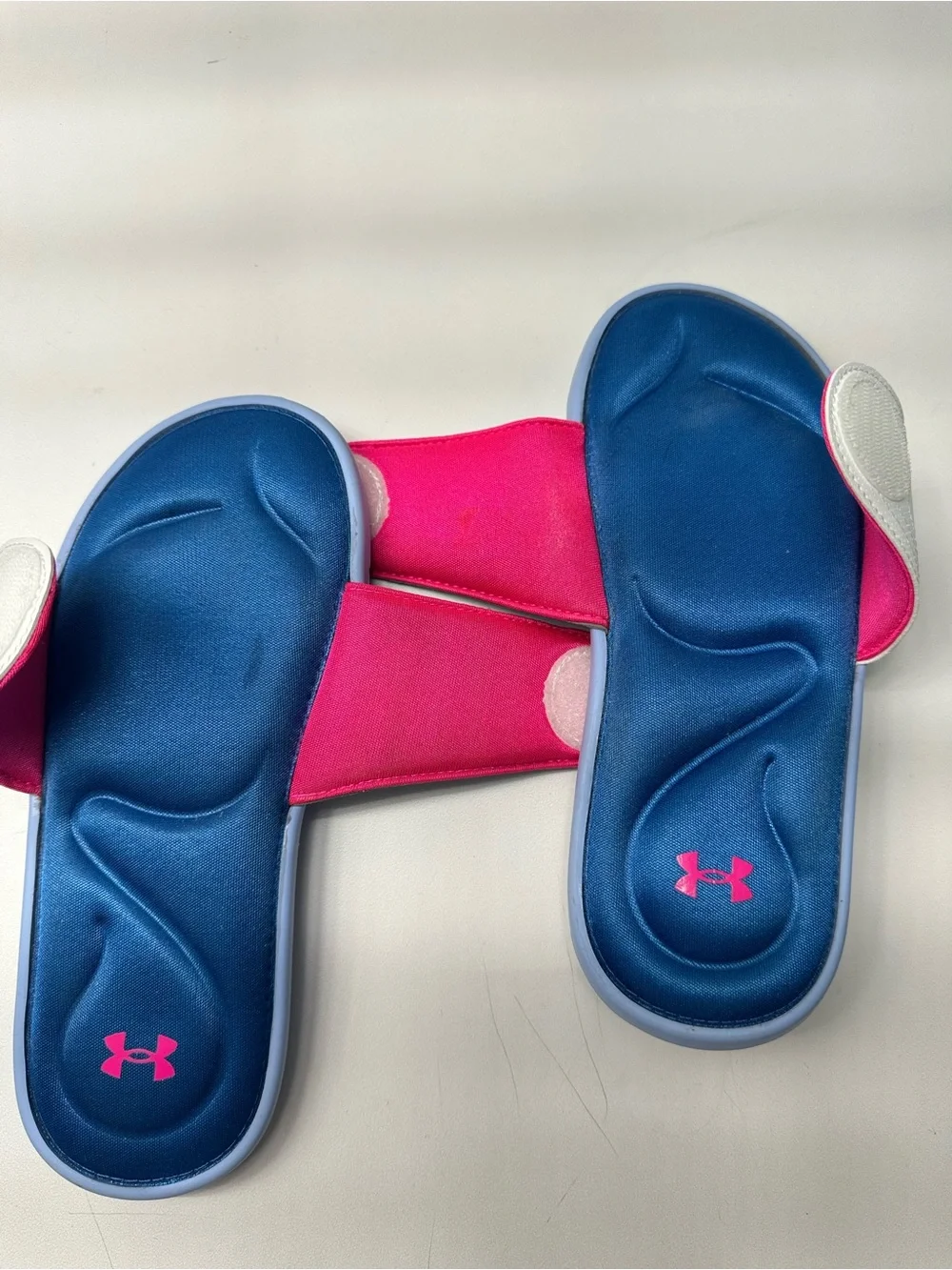 Under Armour Light Blue and Pink Kids' Adjustable Slide Sandals 5Y